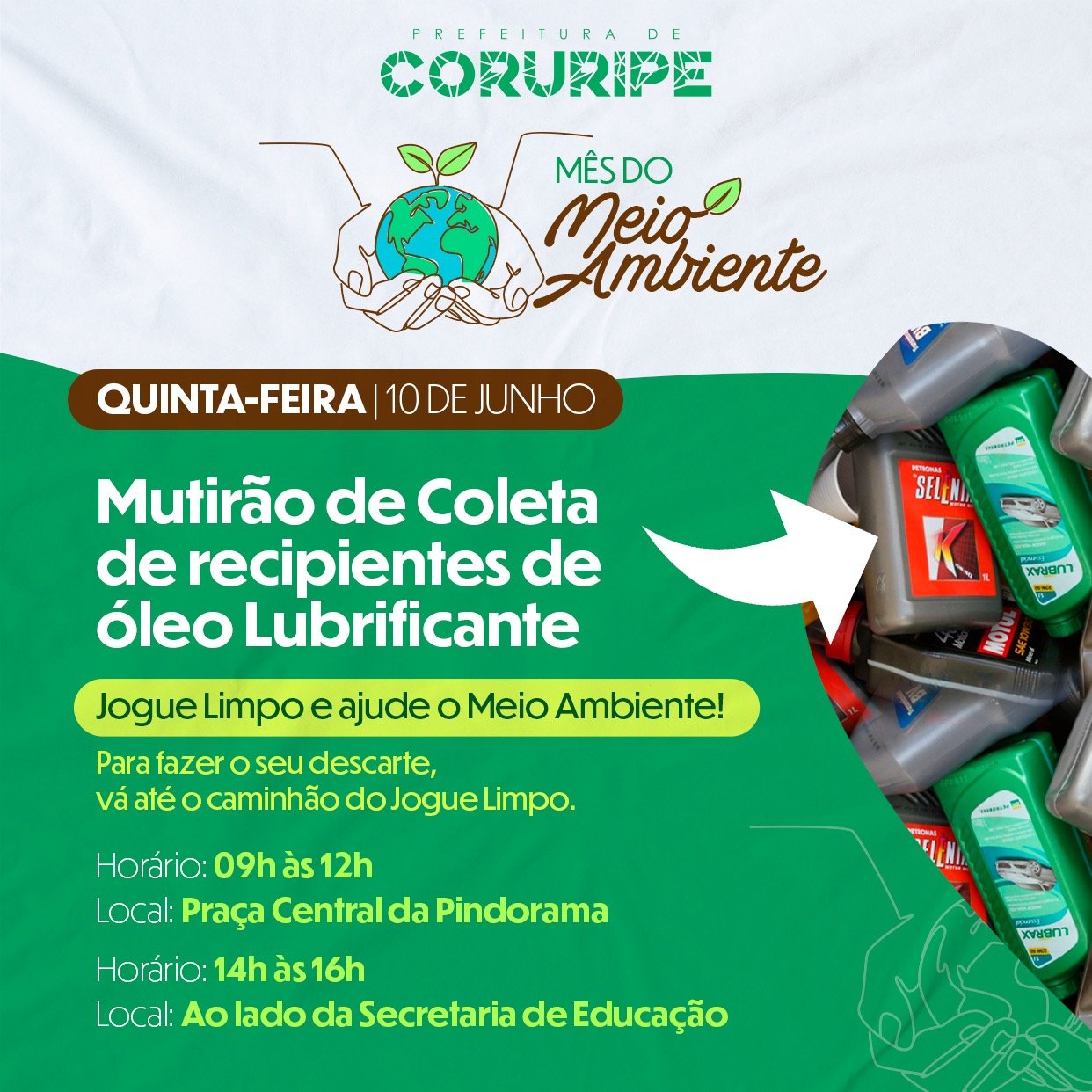 Jogue Limpo: Prefeitura de Coruripe realiza ação de coleta de embalagens de óleo lubrificante nesta quinta (09)